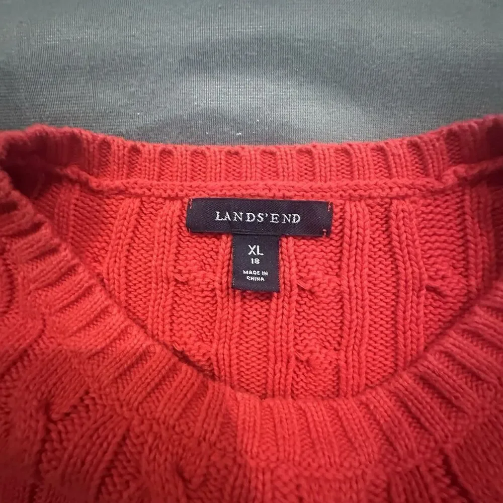 Lands End Cable Knit Sweater Cherry Red Womens XL Crewneck Shoulder Button